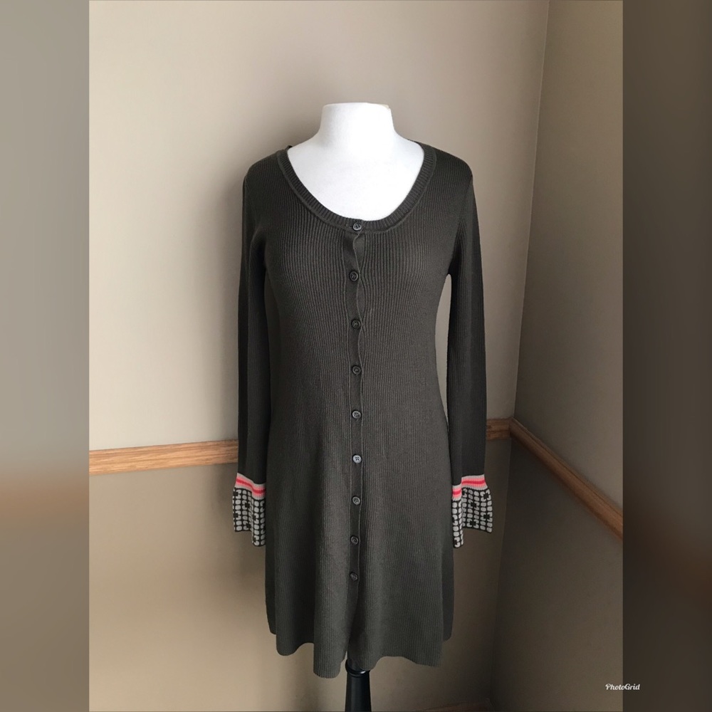 Orla Kiely Long Wool Brown Cardigan Patterned Cuff - Picture 2 of 12